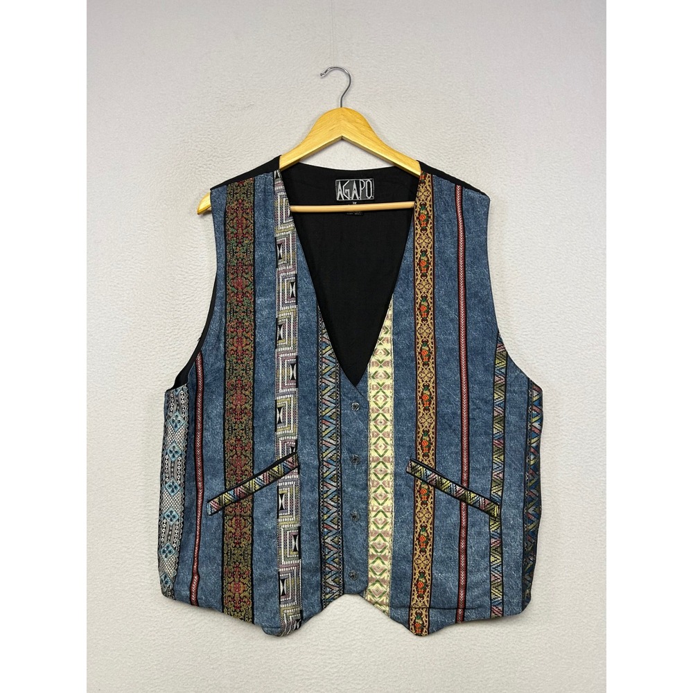 Vintage Boho Southwestern AGAPO Mens 3X Blue Tapestry Denim Look Button Vest